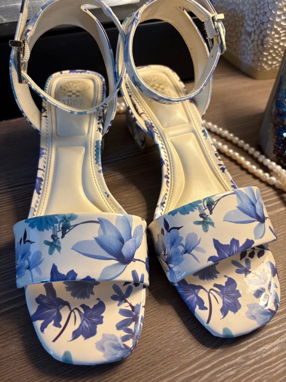 Vince Camuto Cream and Blue Floral Block Heel Sandals - Picture 2 of 5